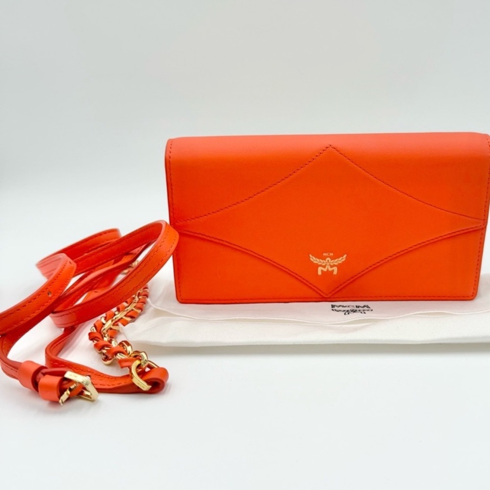 MCM Diamond Chain Orange Spanish Calf Leather X-Body Gold Hardware NWT wDust Bag